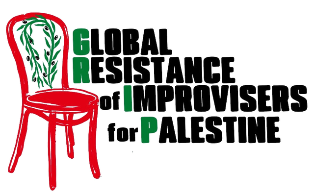 GRIP logo: a red hand-drawn chair with an olive branch across its back, beside the words Global Resistance of Improvisers for Palestine