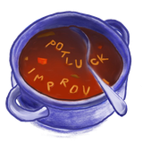 Potluck Improv logo: a hand-painted blue pot of alphabet soup